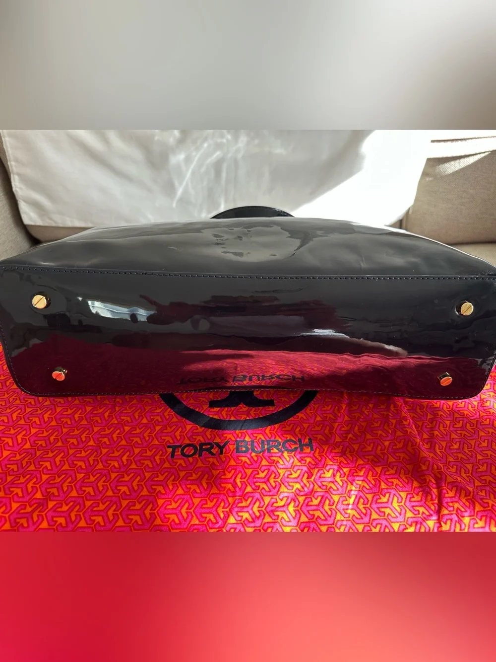 Tory Burch Large Perforated Logo Navy Blue Patent Leather Bombe Tote